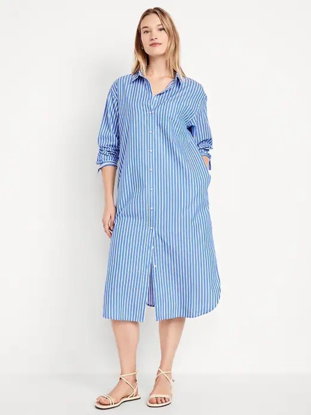 OLD NAVY Blue Striped Button Up Midi Shirt Dress Coastal Beachy Minimalist M